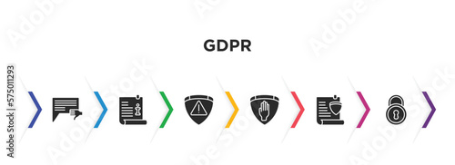gdpr filled icons with infographic template. glyph icons such as complaint, information, attention, right to objection, plain, key vector.