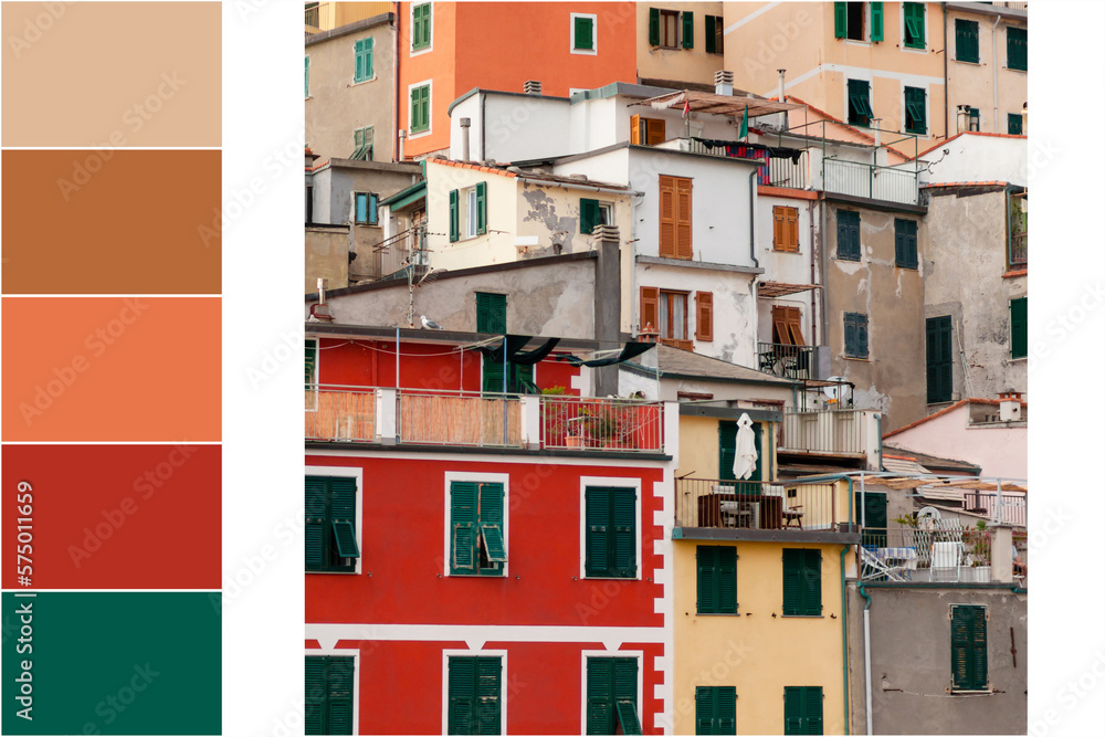 Design palette inspired by Italian city view, Cinque Terra. Designer pack with photo and swatches. Harmonious warm colour combination: orange, red, green