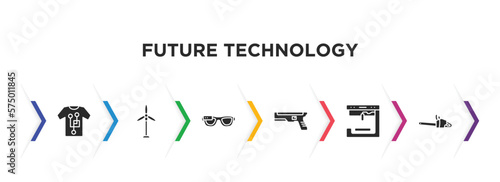 future technology filled icons with infographic template. glyph icons such as smart clothing, eolic energy, ar glasses, blaster, 3d printer, chainsaw vector.