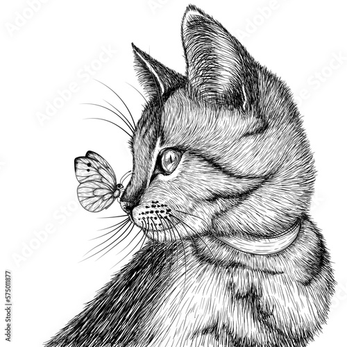 Vector illustration of a striped cat and a butterfly on the nose in the style of engraving