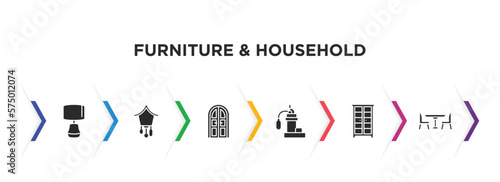 furniture & household filled icons with infographic template. glyph icons such as table lamp, cuckoo clock, double door, sump pump, armoire, dinner table vector.