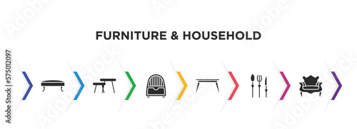 furniture & household filled icons with infographic template. glyph icons such as hassock, coffee table, dehumidifier, table, silverware, fauteuil vector.