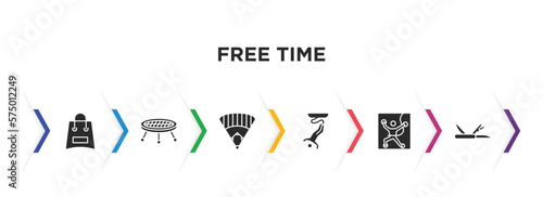 free time filled icons with infographic template. glyph icons such as bags, jumping, baseball field, bungee jumping, climbing, multitool vector.