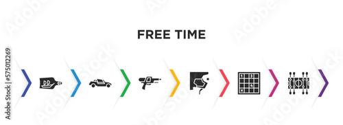 free time filled icons with infographic template. glyph icons such as ship in a bottle, buggy, water gun, climb, sudoku, table football vector.