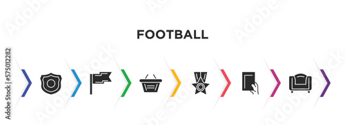 football filled icons with infographic template. glyph icons such as badge, pennant, shopping basket, medals, red card, seats vector.