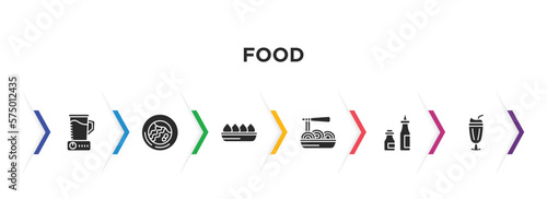 food filled icons with infographic template. glyph icons such as blend, wonton noodles, fried tofu curd balls, pasta, condiment, milk shake vector.