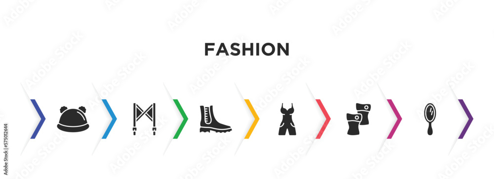 Naklejka premium fashion filled icons with infographic template. glyph icons such as knit hat, suspenders, boot for women, , leg warmer, mirrors vector.