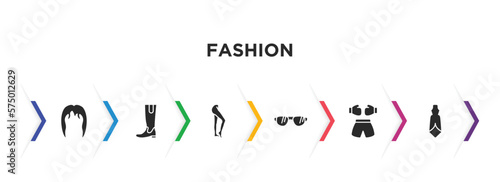 fashion filled icons with infographic template. glyph icons such as wig, hell, tights, eyewear, boxing ring, cloth vector.