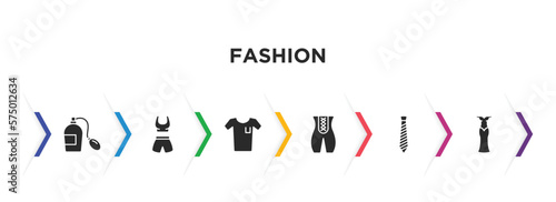 fashion filled icons with infographic template. glyph icons such as smeel, gym clothes, white t shirt, bandages, stripped tie, cord lace vector.