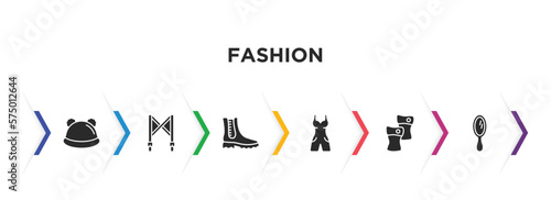 fashion filled icons with infographic template. glyph icons such as knit hat, suspenders, boot for women, , leg warmer, mirrors vector.