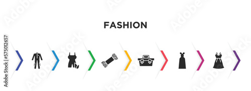 fashion filled icons with infographic template. glyph icons such as working coverall, wellness coach, skein, small toolbox, elegante, outfit vector.