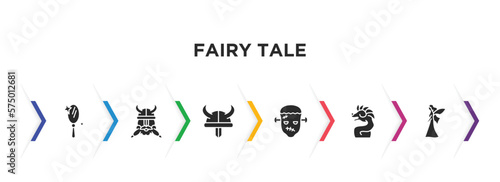 fairy tale filled icons with infographic template. glyph icons such as enchanted mirror, dwarf, viking, frankenstein, quetzalcoatl, myth vector.