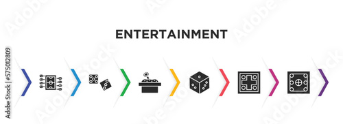 entertainment filled icons with infographic template. glyph icons such as table soccer, , sandbox, die, parchis, carrom vector.