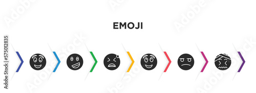 emoji filled icons with infographic template. glyph icons such as excited emoji, proud emoji, desperate imagine suspicious headache vector.