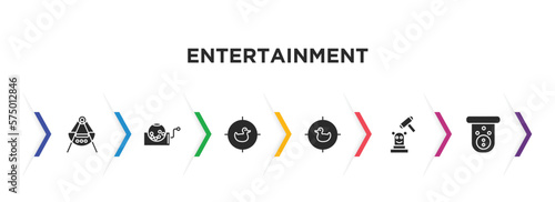 entertainment filled icons with infographic template. glyph icons such as fair ship, lottery, shoot duck, duck shooting, whack a mole, skee ball vector.
