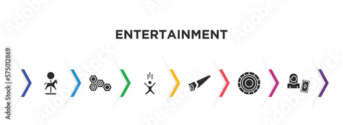 entertainment filled icons with infographic template. glyph icons such as carousel horse, game with hexagons, jump, sawing, game chips, gambler vector.