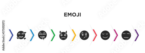 emoji filled icons with infographic template. glyph icons such as love emoji, drool emoji, angry with horns confused calm expressionless vector.