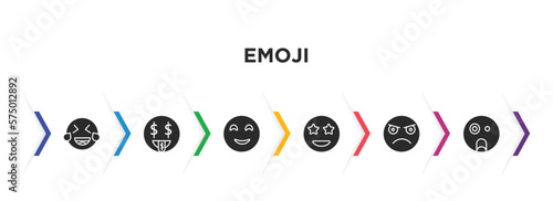 emoji filled icons with infographic template. glyph icons such as laughing emoji, rich emoji, blushing surprise pouting shocked vector.