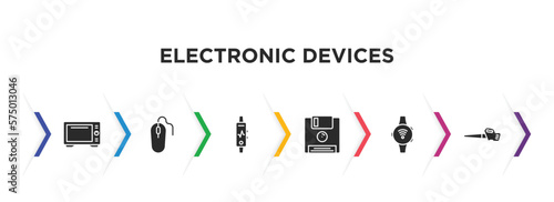 electronic devices filled icons with infographic template. glyph icons such as convection oven, mouse, activity tracker, floppy, smartband, leaf blower vector.