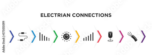 electrian connections filled icons with infographic template. glyph icons such as audio jack, low, dimmer, full, broken, wire vector.