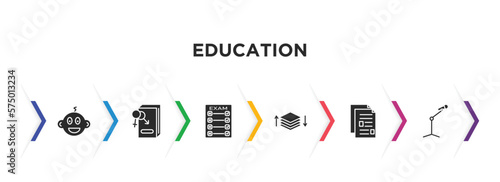 education filled icons with infographic template. glyph icons such as kid, fraternity, final test, arrange, folded written paper, microphone with stand vector.