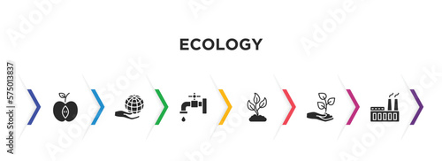 ecology filled icons with infographic template. glyph icons such as half, globe on hand, water tap, growing plant, plant on a hand, power plant vector.