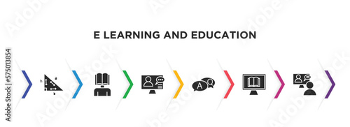 e learning and education filled icons with infographic template. glyph icons such as trigonometry, self-learning, online training, qa, digital book, online coaching vector.