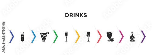 drinks filled icons with infographic template. glyph icons such as ramos gin fizz, caipiroska, glass of wine, glass with wine, juice, liquor vector.