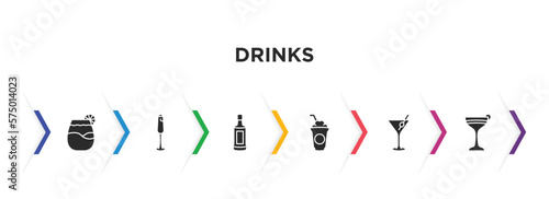 drinks filled icons with infographic template. glyph icons such as pisco sour, french 75, grain, frappuccino, martini, flirtini vector.