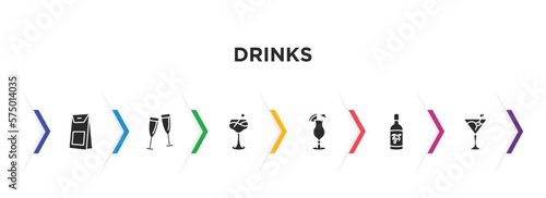 drinks filled icons with infographic template. glyph icons such as coffee bag, toast, last word drink, mai tai, malibu, 007 martini vector.
