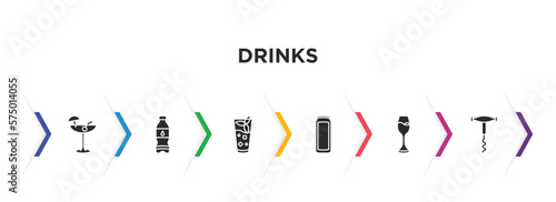 drinks filled icons with infographic template. glyph icons such as pink rose, water jug, mint julep, energy drink, wine, sorkscrew vector.