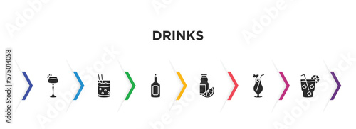 drinks filled icons with infographic template. glyph icons such as sidecar drink, mind eraser drink, rum, juice bottle, tequila sunrise, cuba libre vector.