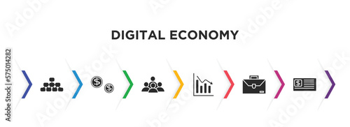 digital economy filled icons with infographic template. glyph icons such as hierarchical structure, money, population, bar chart, briefcase, checkbook vector.
