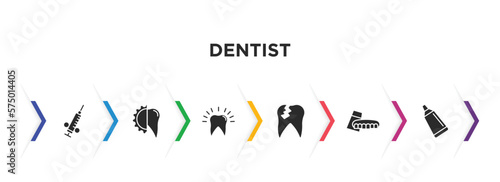 dentist filled icons with infographic template. glyph icons such as dental needle, apicoectomy, dental, damaged tooth, denture, toothpaste tube vector.