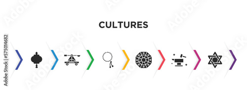 cultures filled icons with infographic template. glyph icons such as paper lantern, trebuchet, beads, pa kua mirror, blacksmith, david vector.