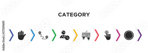category filled icons with infographic template. glyph icons such as hold, navigation, busy, typing, clicker, circle vector.