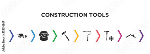 construction tools filled icons with infographic template. glyph icons such as concrete mixer, open paint bucket, sledge hammer, painter roller, nuts and bolts, roof vector.