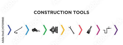 construction tools filled icons with infographic template. glyph icons such as crowbar, loader, open scale, garage wrench, scratcher tool, gas pipe vector.