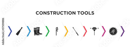 construction tools filled icons with infographic template. glyph icons such as putty knife, rubber boots, clipper, repair screwdriver, jackhammer, blade saw vector.