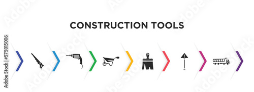 construction tools filled icons with infographic template. glyph icons such as hand saw, hand drill, wheel barrow, paint brush, warning, dumper vector.