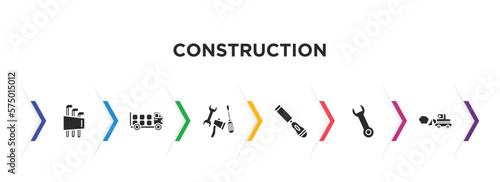 construction filled icons with infographic template. glyph icons such as hex key, truck with load, three tools, chisel, spanner, little snowplow vector.
