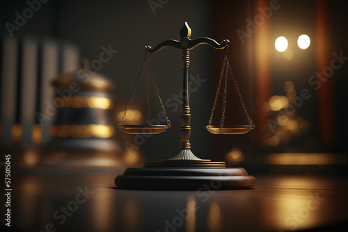 Scales of justice in the courtroom, dark lighting, punishment system for prisoners, presumption of innocence, constitution day. Generative AI.