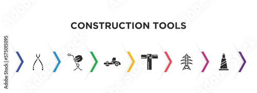 construction tools filled icons with infographic template. glyph icons such as plier, cement mixers, road roller, boning rod, electric tower, traffic cone vector.