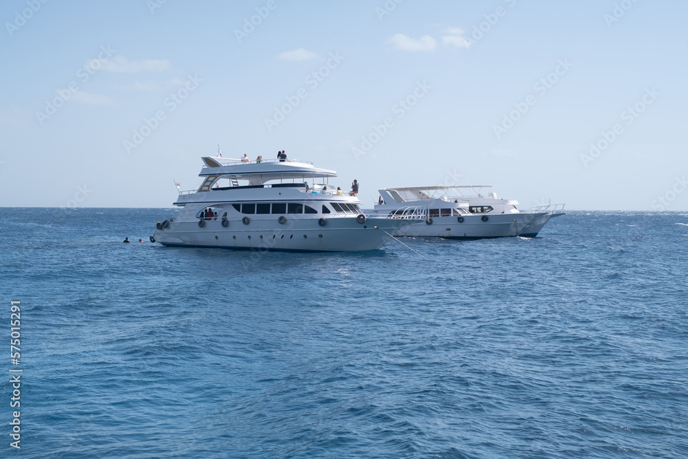Beautiful white private motor yacht for a boat trip on the Red Sea, Egypt