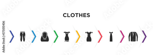 clothes filled icons with infographic template. glyph icons such as chi pants, hobo bag, off the shoulder dress, drees, long sleeveless dress, cotton cardigan vector.