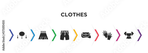 clothes filled icons with infographic template. glyph icons such as jewelry, circle skirt, chino shorts, messenger bag, wool gloves, peplum top vector.