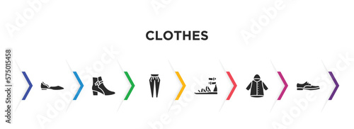 clothes filled icons with infographic template. glyph icons such as ballets flats, ankle boots, pegged pants, gladiator sandal, nylon jacket, leather derby shoe vector.