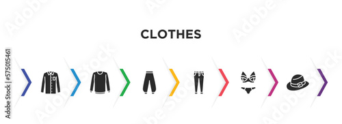 clothes filled icons with infographic template. glyph icons such as formal shirt, collarless cotton shirt, harem pants, boyfriend low jean, lingerine, men hat vector.