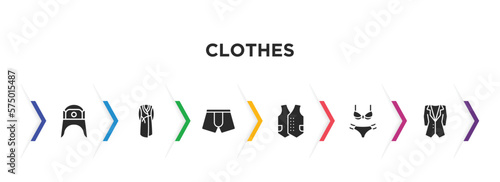 clothes filled icons with infographic template. glyph icons such as ushanka, dressing gown, boxers, waistcoat, bra & knicker, dinner jacket vector.