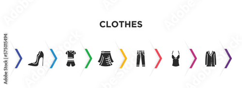 clothes filled icons with infographic template. glyph icons such as high heel, pijama, kilt, jeans, camisole, cardigan vector.
